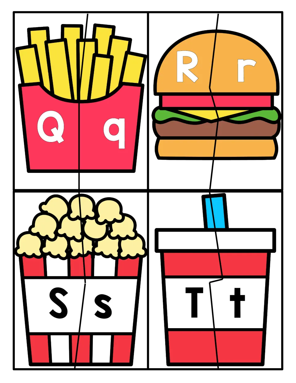 Letters Q-T uppercase/lowercase match: two-piece puzzles pair fries Qq, burger Rr, popcorn Ss and drink Tt halves