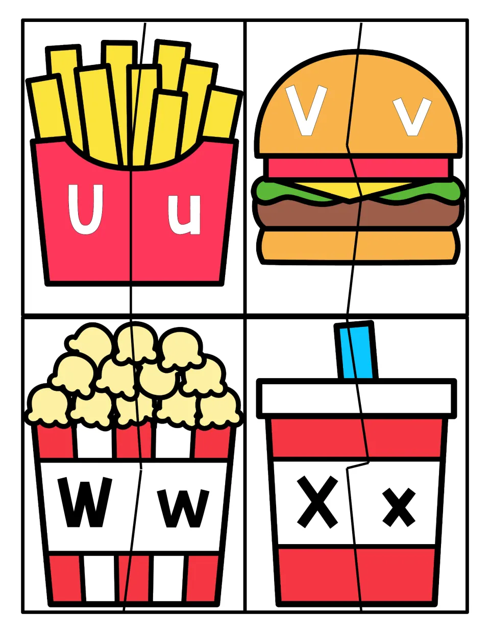 Letters U-X uppercase/lowercase match: students fit together fries Uu, burger Vv, popcorn Ww and drink Xx halves