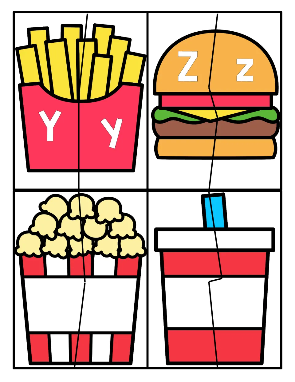 Letters Y and Z uppercase/lowercase match: fries Yy and burger Zz two-piece puzzles, plus blank popcorn and drink cards