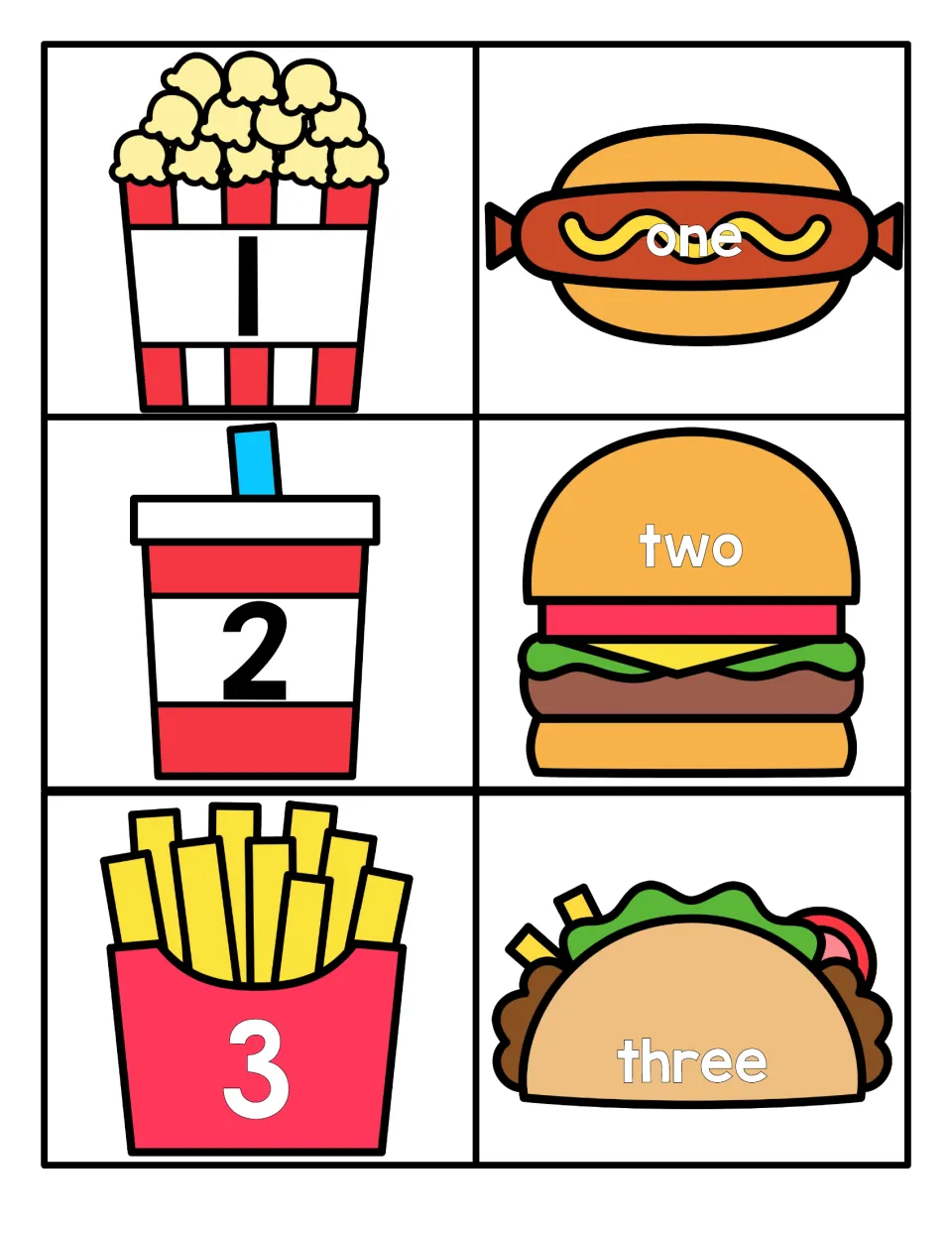 Numbers 1 to 3: numerals on popcorn, a drink and fries pair with number words on a hot dog, burger and taco for matching