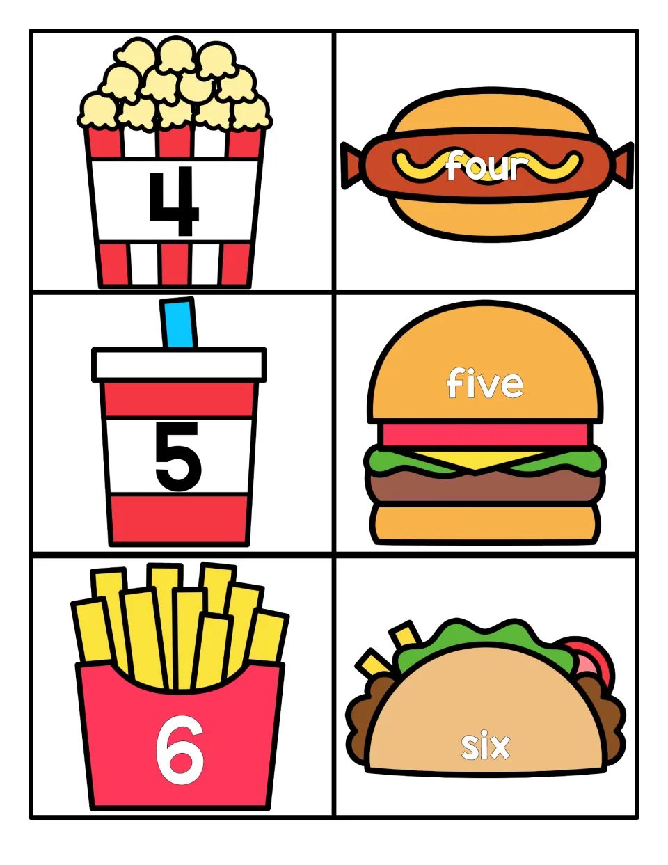 Numbers 4 to 6: numerals on a popcorn tub, cup and fries box match four, five and six written on a hot dog, burger and taco