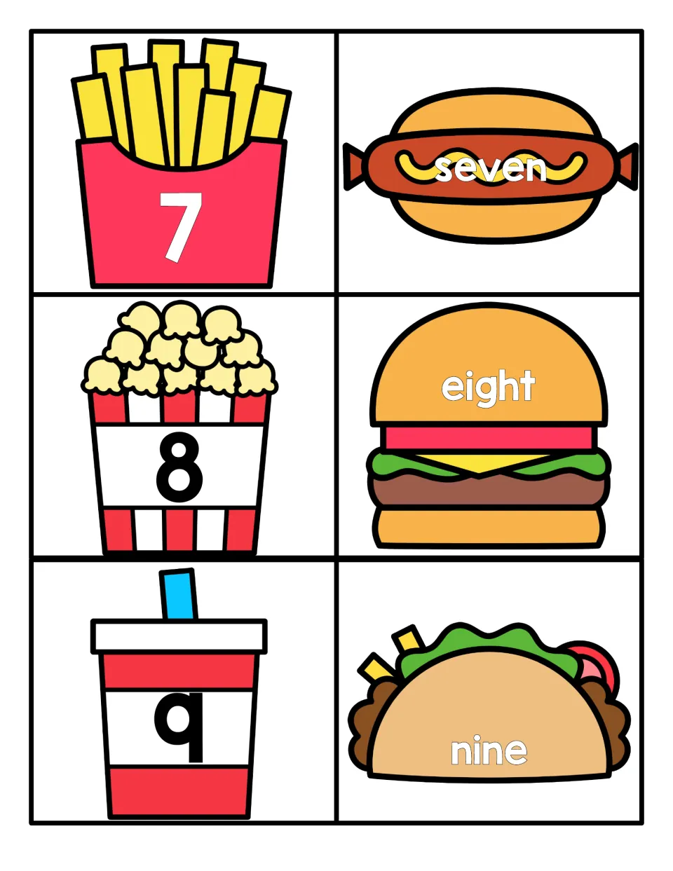 Numbers 7 to 9: students pair numerals on fries, popcorn and a drink with seven, eight, nine on a hot dog, burger, taco