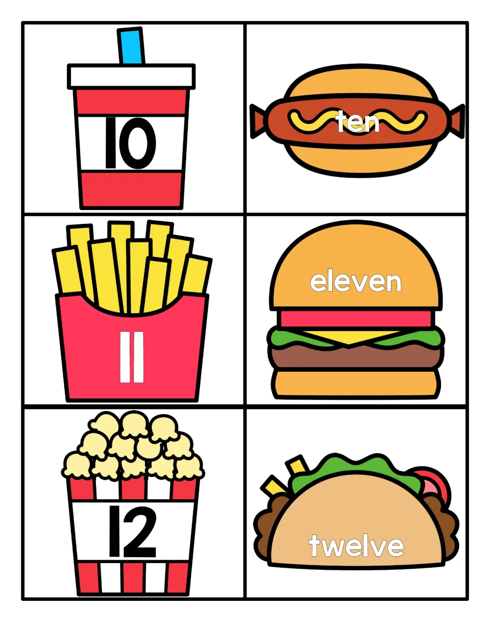 Numbers 10 to 12: numeral cards on a cup, fries and popcorn match the words ten, eleven and twelve on fast food items