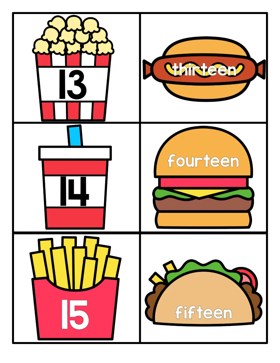 Numbers 13 to 15: popcorn, drink and fries numerals pair with thirteen, fourteen and fifteen written on food cards