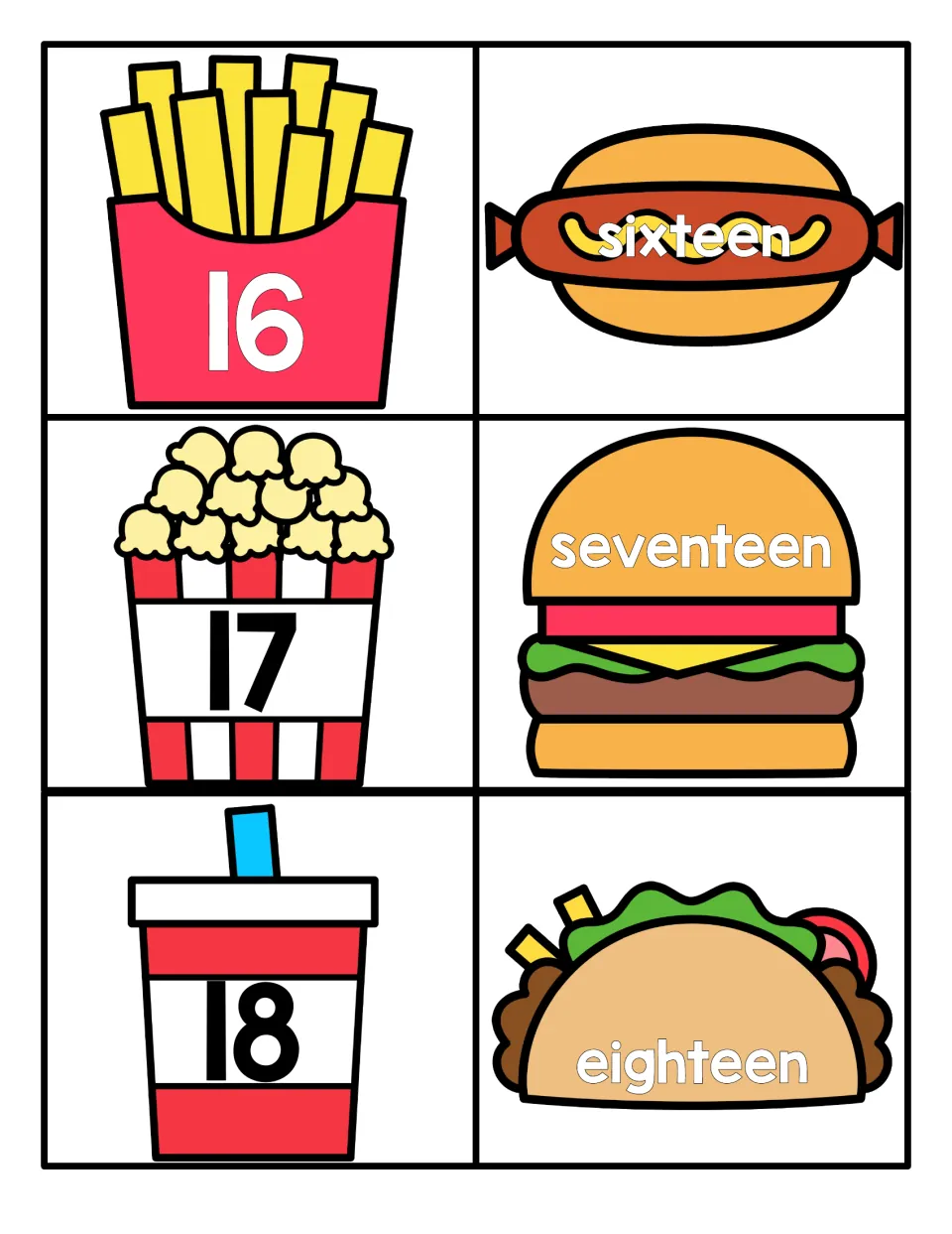 Numbers 16 to 18: students match numerals on fries, popcorn and a cup to sixteen, seventeen and eighteen on food pictures