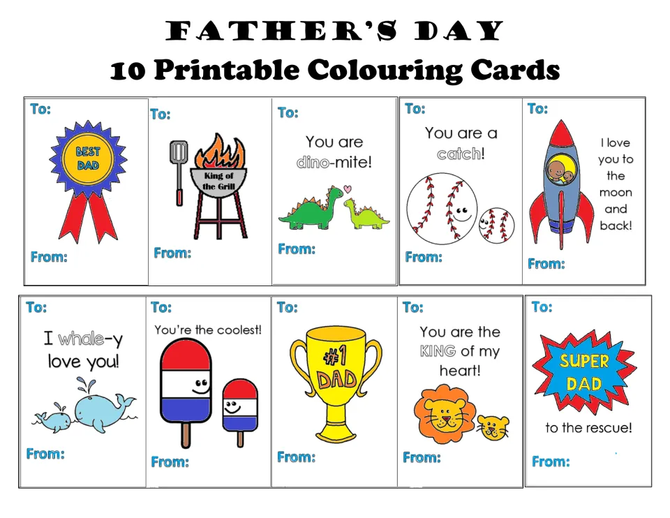 Father's Day colouring cards cover showing all 10 designs in colour, from a Best Dad ribbon and grill to a Super Dad burst