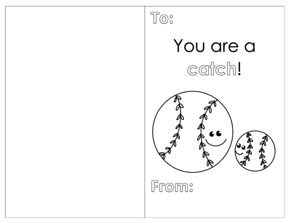 Baseball pun card: students colour two smiling baseballs under 'You are a catch!' and write To and From names