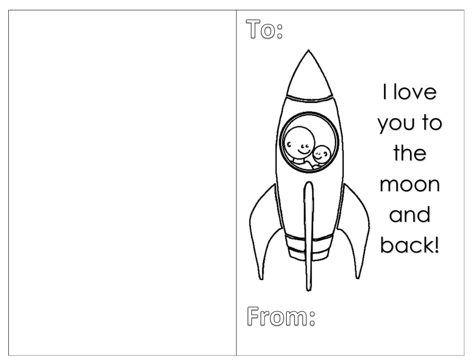 Space-themed card: students colour a rocket carrying a grown-up and child beside 'I love you to the moon and back!'