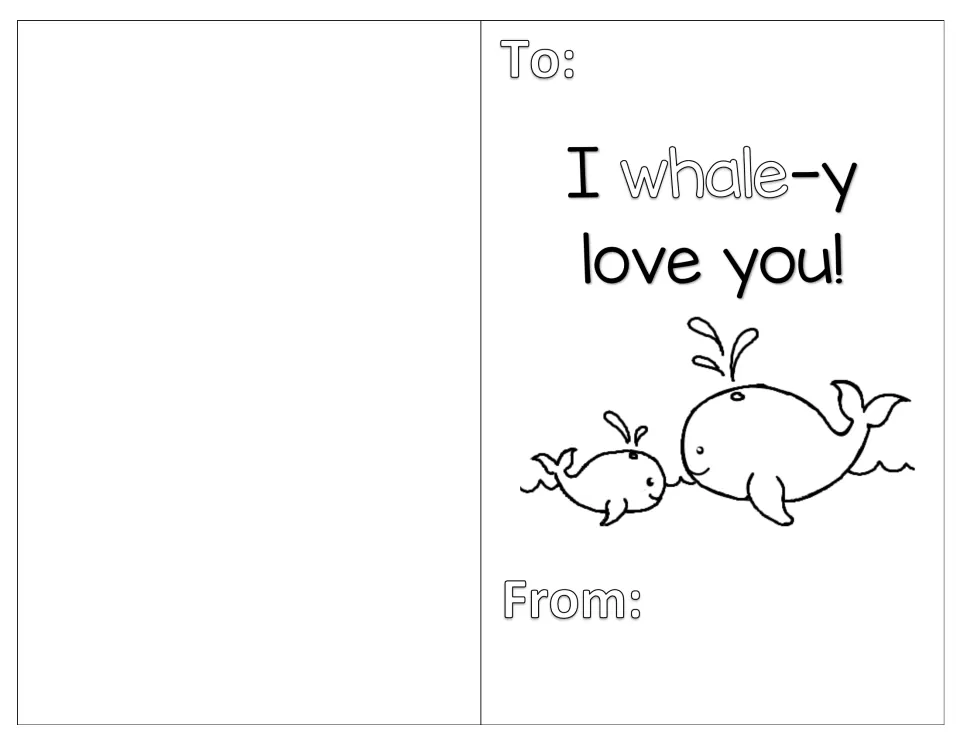 Whale pun card: students colour a big whale and a baby whale spouting water under the message 'I whale-y love you!'