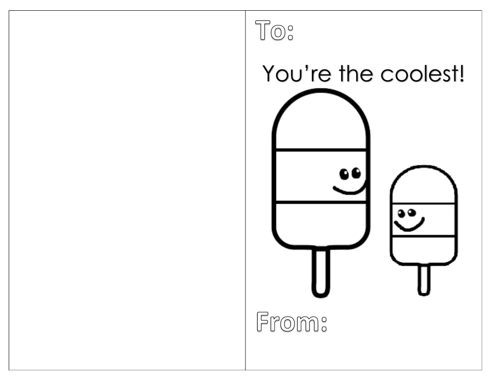 Ice pop card: students colour two smiling striped ice lollies, one large and one small, below 'You're the coolest!'