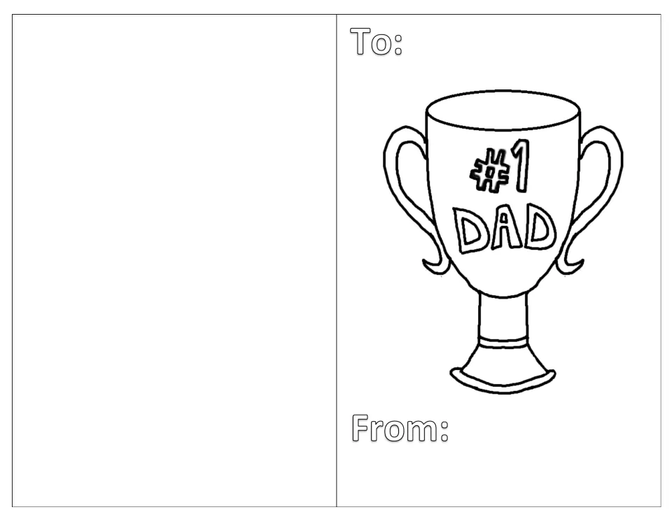 Trophy card: students colour a two-handled cup lettered '#1 DAD' and write who the card is to and from on the front