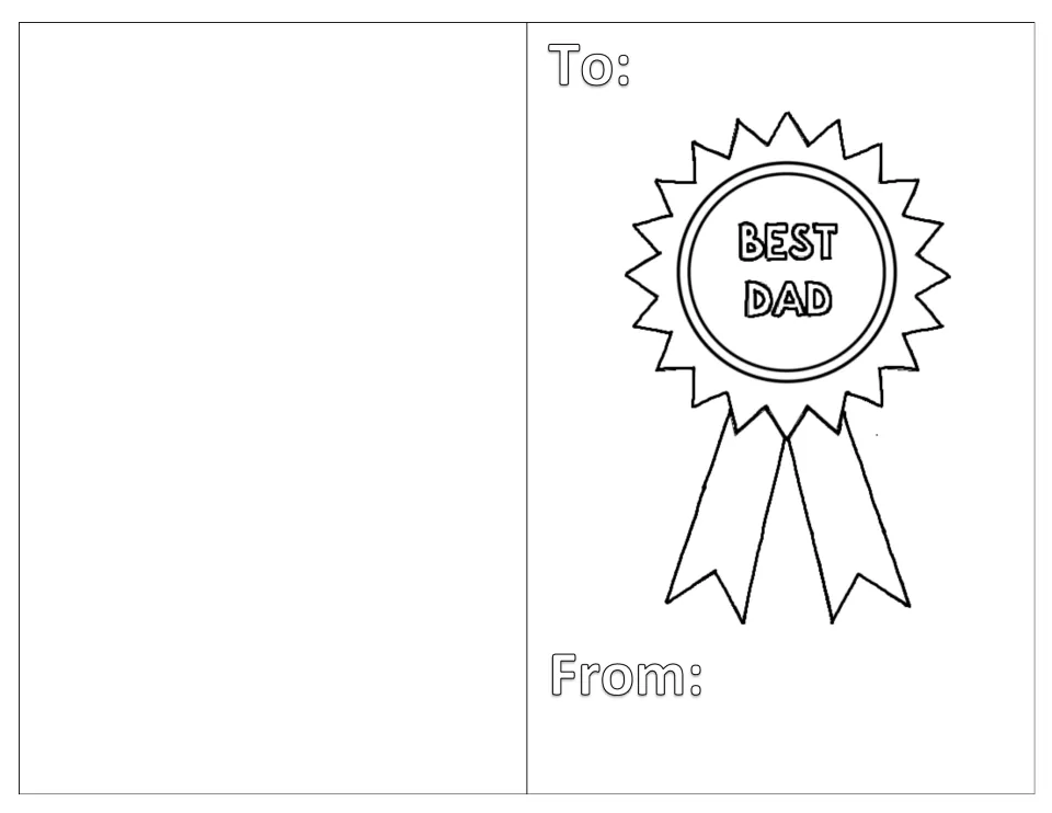 Award ribbon card: students colour a rosette badge reading BEST DAD with two hanging ribbon tails and add their names