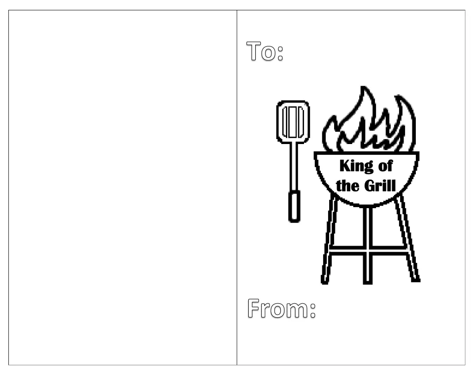 Barbecue card: students colour a kettle grill with flames labelled 'King of the Grill' and a spatula, then fill in To/From