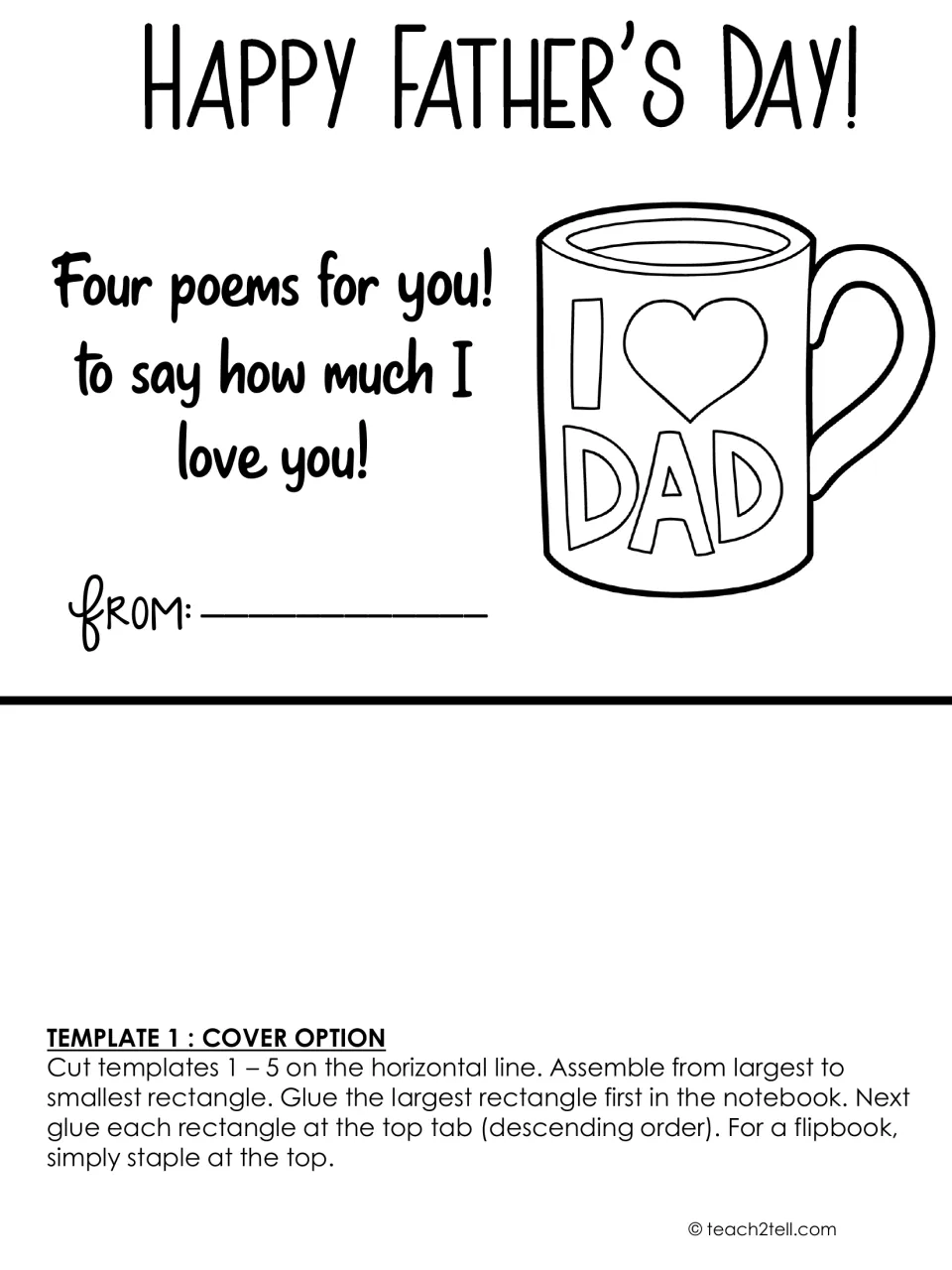 Flipbook cover option with an I love Dad mug and From line, plus steps to cut, stack and glue templates 1-5 into a notebook