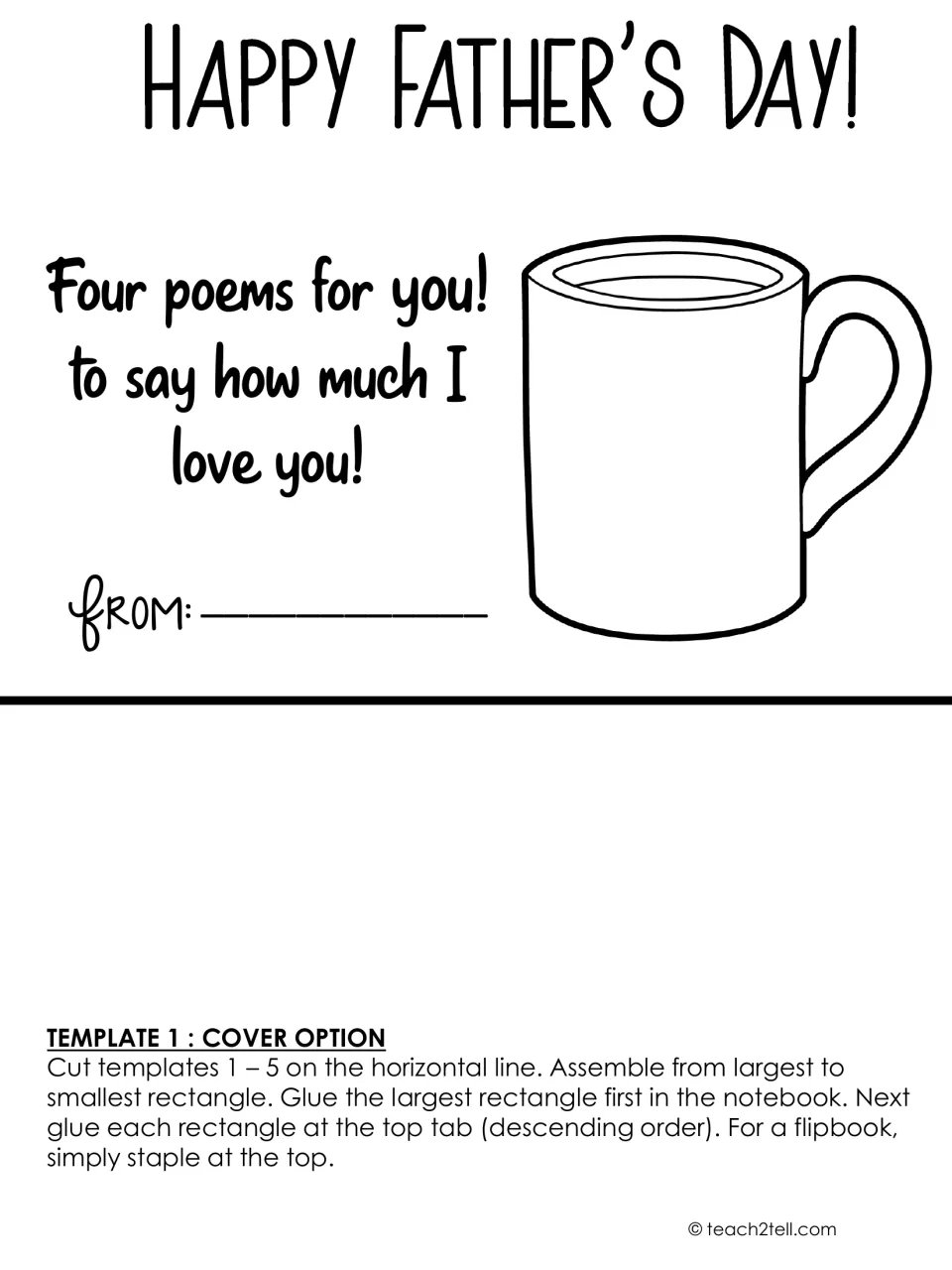Flipbook cover option with a blank mug students can decorate, Four poems for you message and a From line for their name