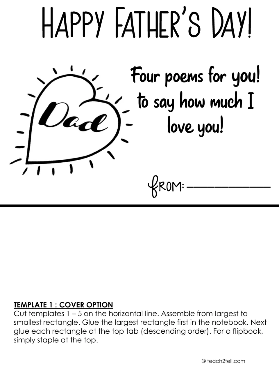 Flipbook cover option with a hand-lettered Dad heart surrounded by rays, Four poems for you message and From line to sign