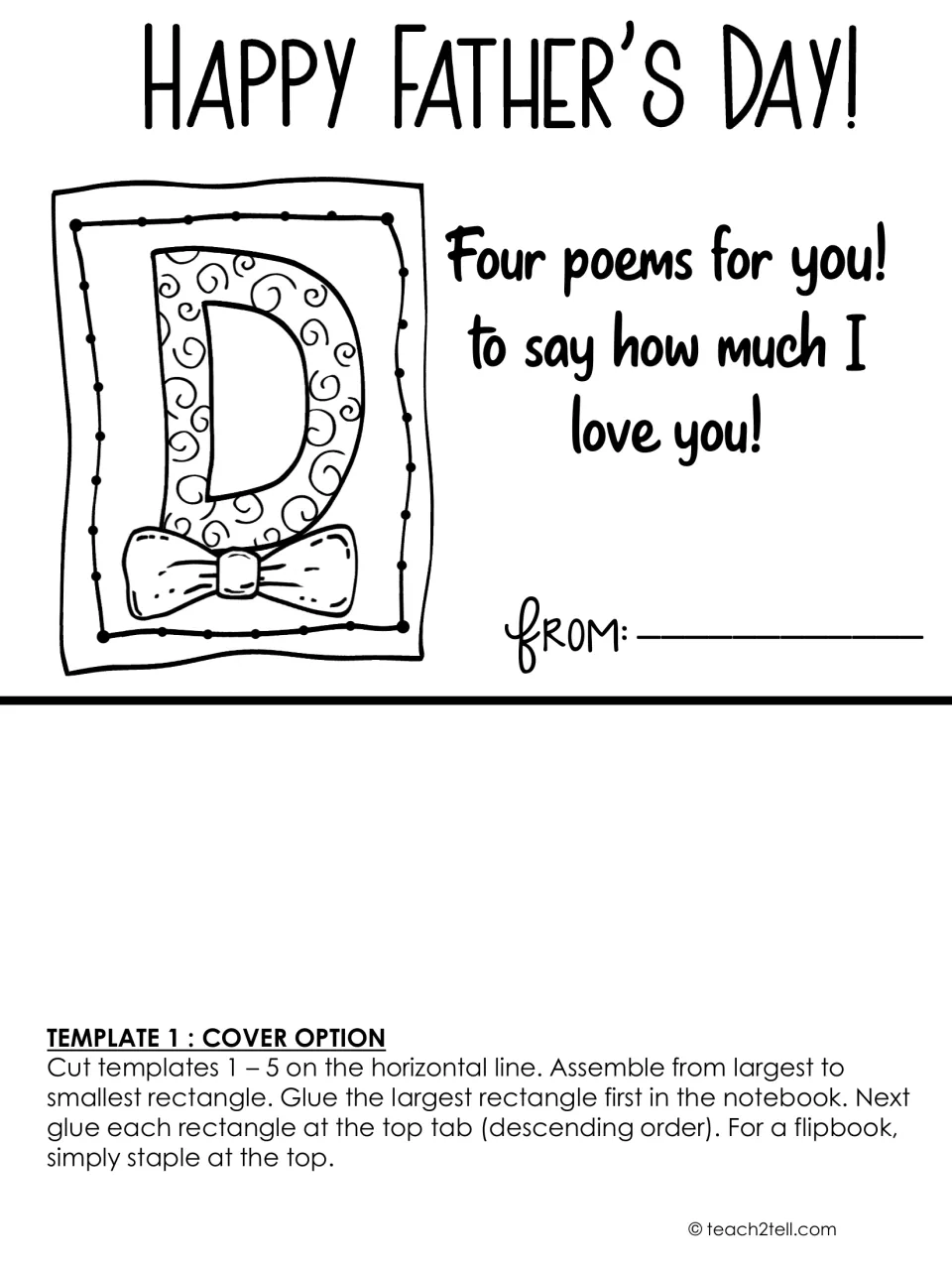 Flipbook cover option with a swirl-patterned letter D wearing a bow tie, Four poems for you message and a From line to sign