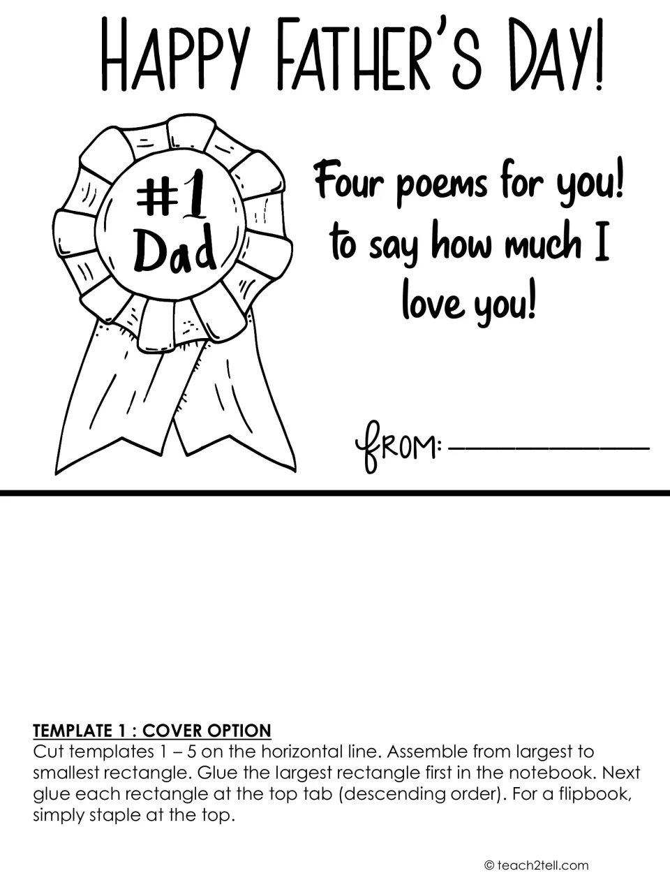 Flipbook cover option with a #1 Dad award rosette, Four poems for you message, From line and the cut-and-glue directions