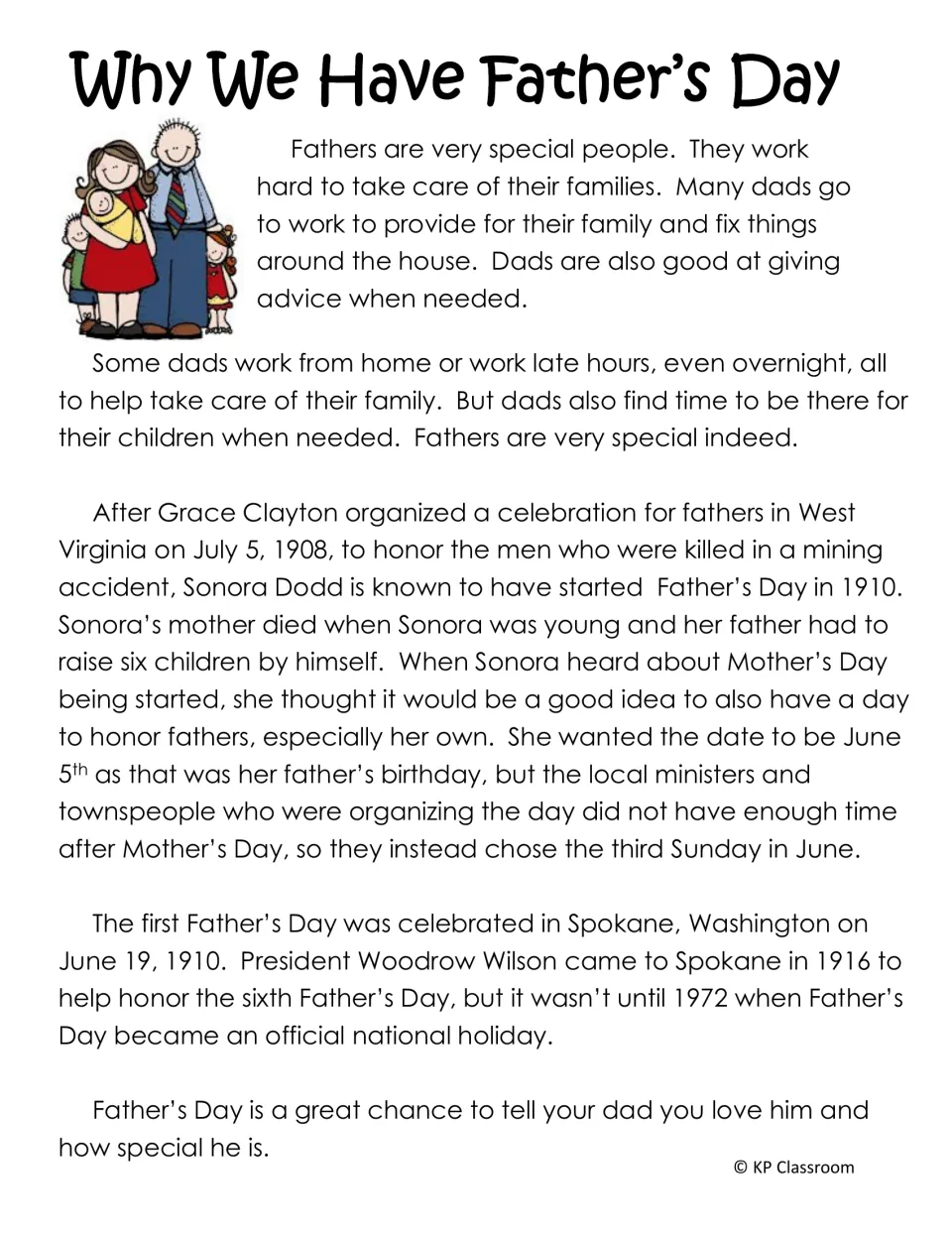 Why We Have Father's Day: reading passage on Sonora Dodd, the first 1910 celebration in Spokane and the 1972 holiday