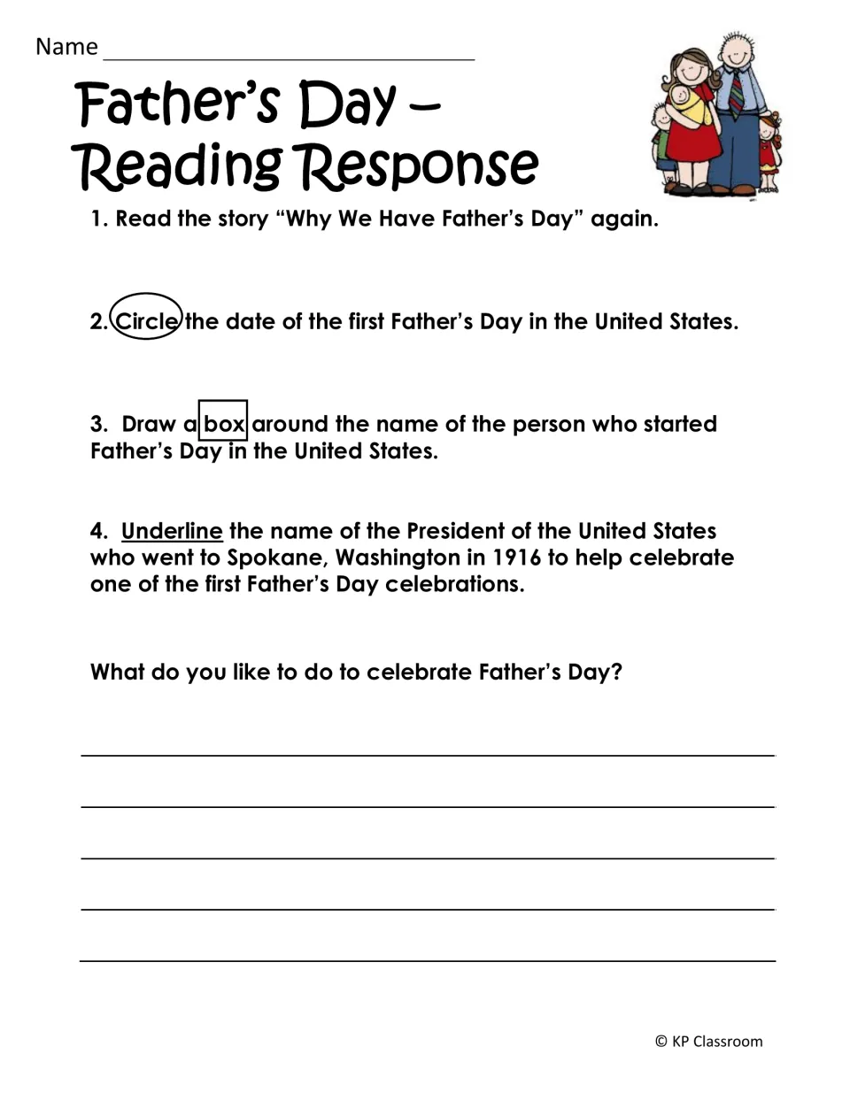 Reading response on the history passage: students circle the first date, box the founder and underline a President