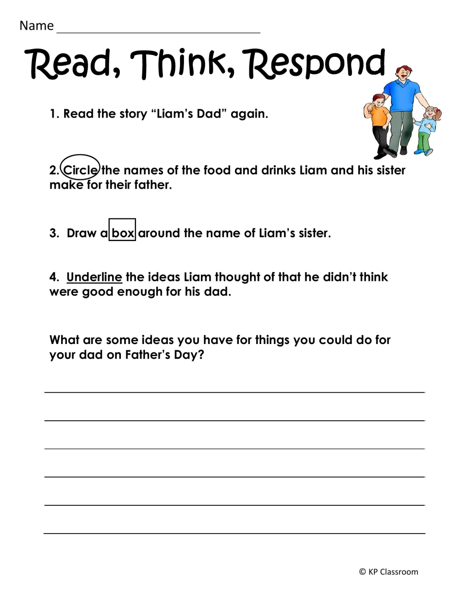 Read, Think, Respond on Liam's Dad: students circle foods, box his sister's name and underline rejected gift ideas