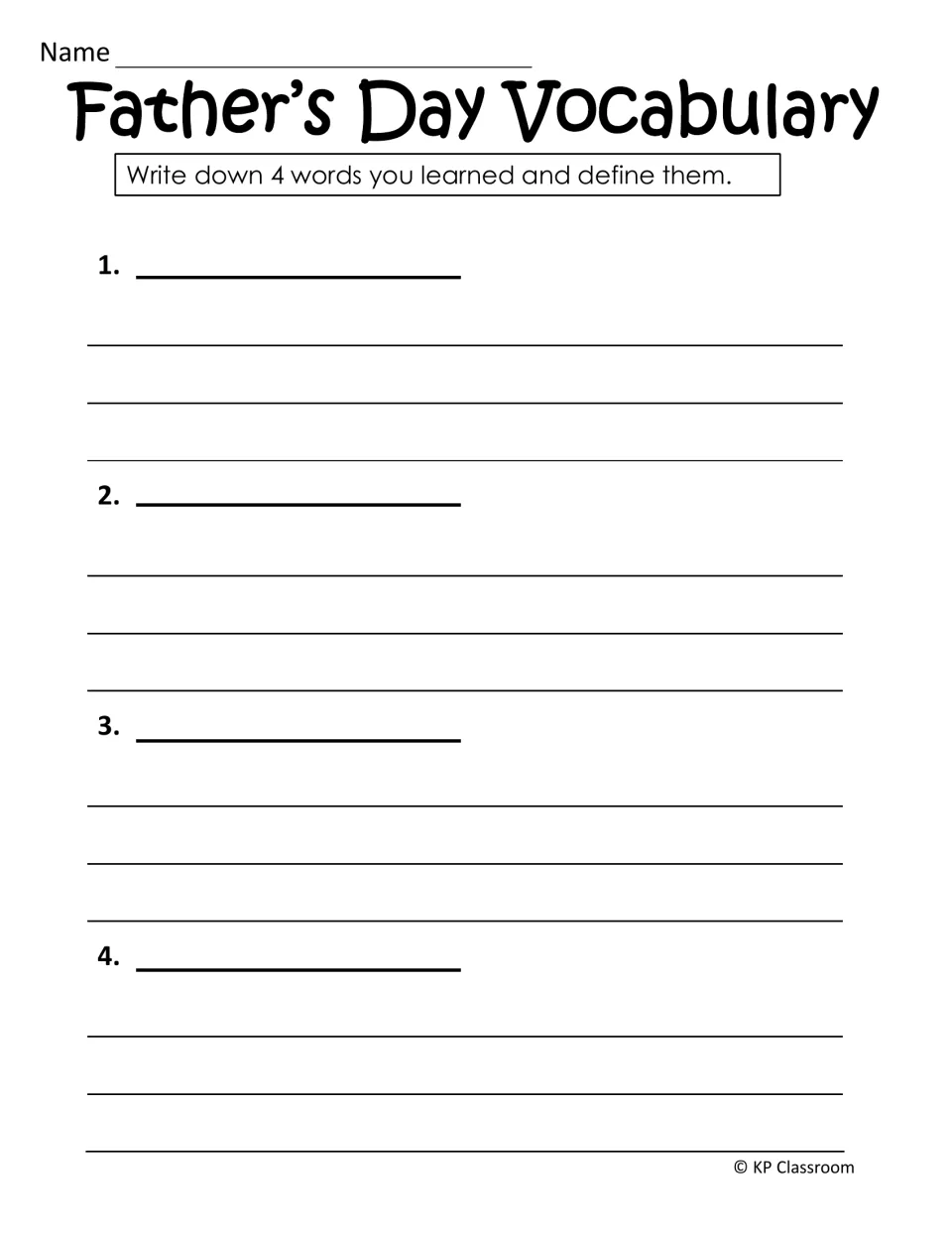 Father's Day vocabulary: students write down four words they learned in the packet and define each one