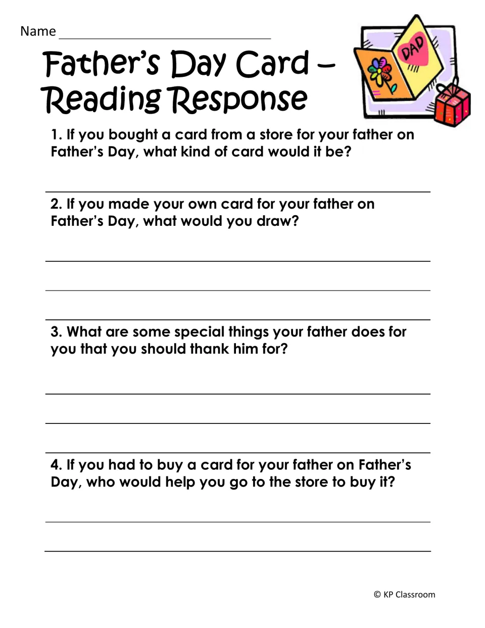 Card reading response: students answer four personal questions about choosing, drawing and buying a card for their father