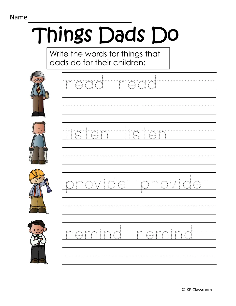Things Dads Do tracing: students trace and copy the action words read, listen, provide and remind next to dad clip art