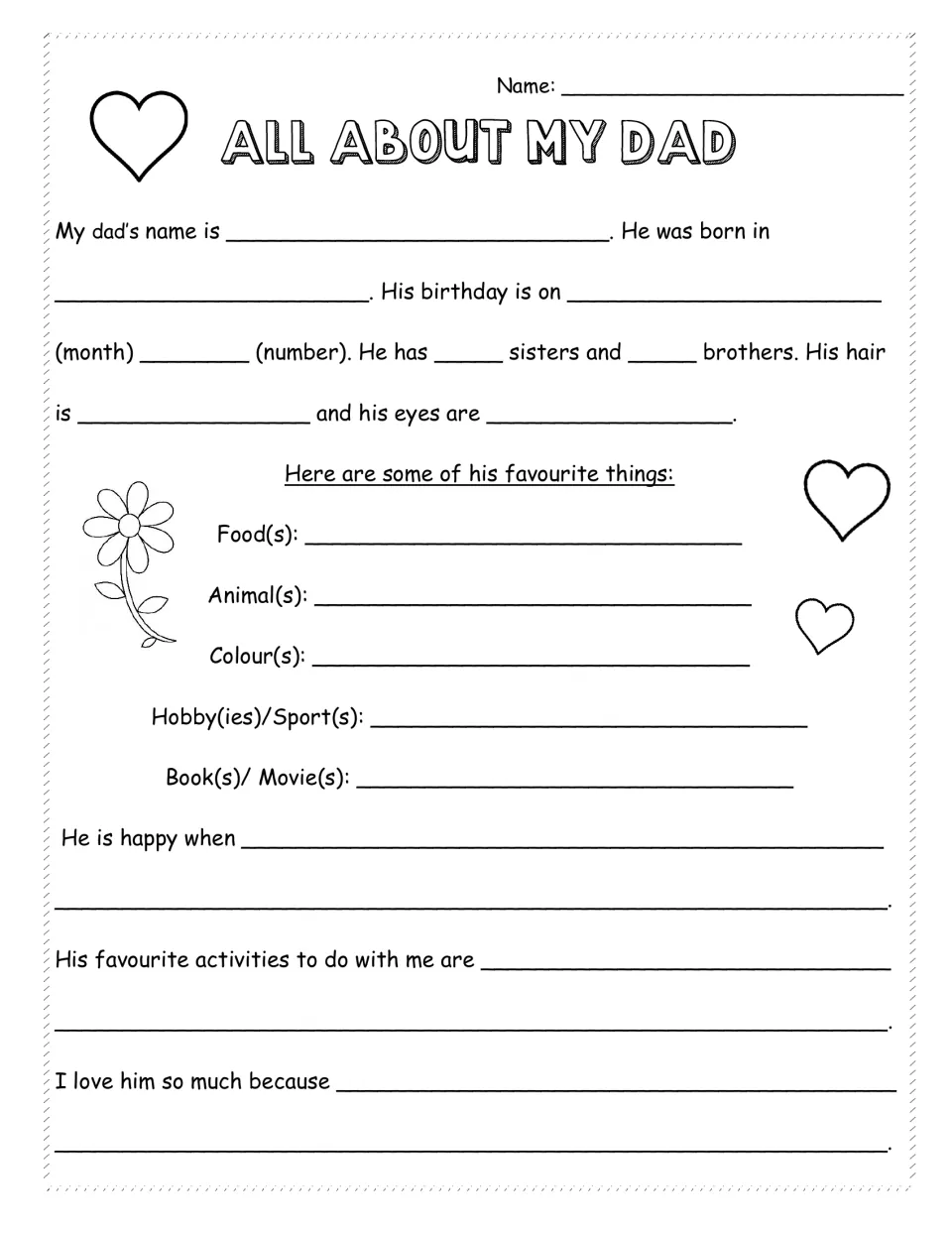 Shorter Dad fill-in page: students complete sentences on his name, birthday and favourite food, colour and hobbies
