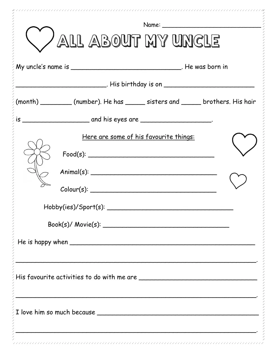 Shorter uncle fill-in page: students write his name, birthday, hair and eye colour, favourite foods and shared activities