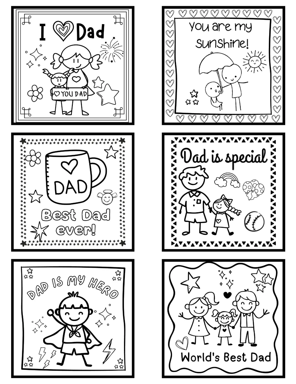 Six coaster designs: I love Dad, You are my Sunshine!, Best Dad ever!, Dad is special, and two more