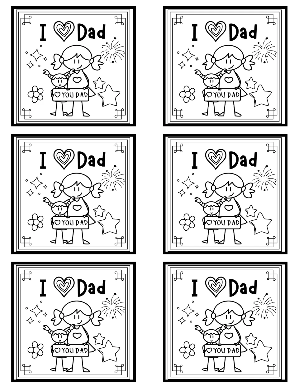 Six matching I love Dad coaster templates, each showing two children holding an I love you Dad sign