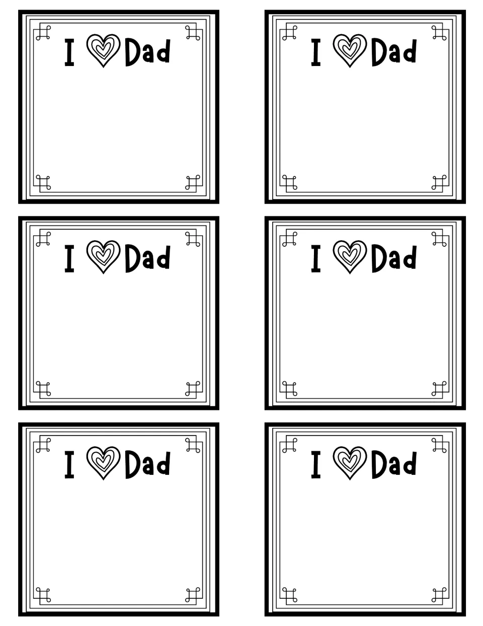 Six I love Dad coaster templates with open space beneath the message for personalized drawings or writing