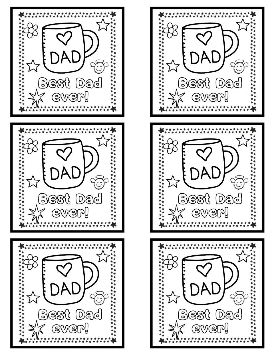 Six matching Best Dad ever! coaster coloring templates, each featuring a mug labeled DAD