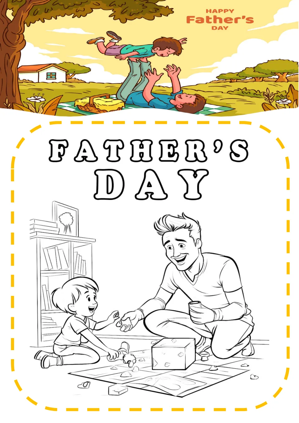 Father's Day coloring sheet 1: 'FATHER’S DAY' above a father and child making a craft together on the floor