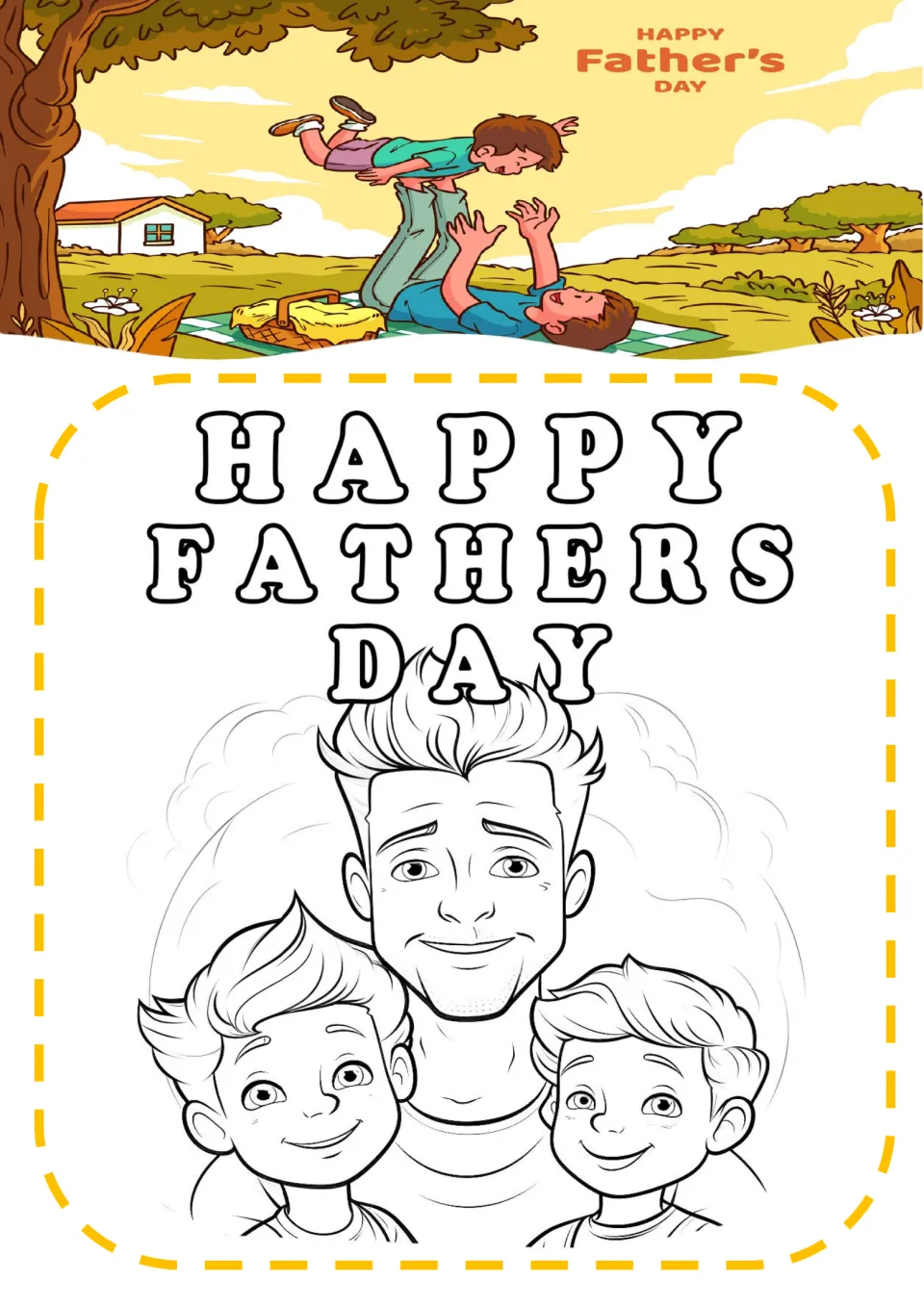Father's Day coloring sheet 2: 'HAPPY FATHERS DAY' above a smiling father posing with two children