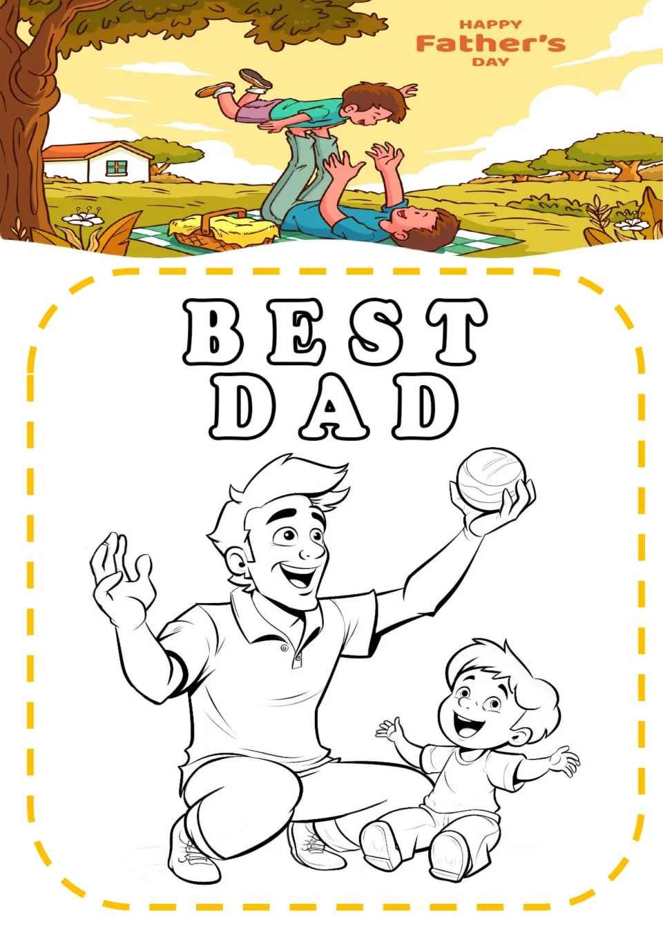 Father's Day coloring sheet 4: 'BEST DAD' above a father holding a ball beside a seated young child