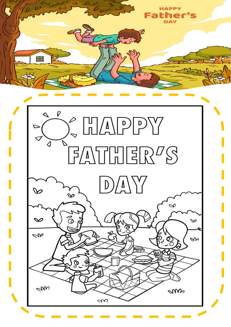 Father's Day coloring sheet 5: 'HAPPY FATHER’S DAY' above a family of four sharing an outdoor picnic