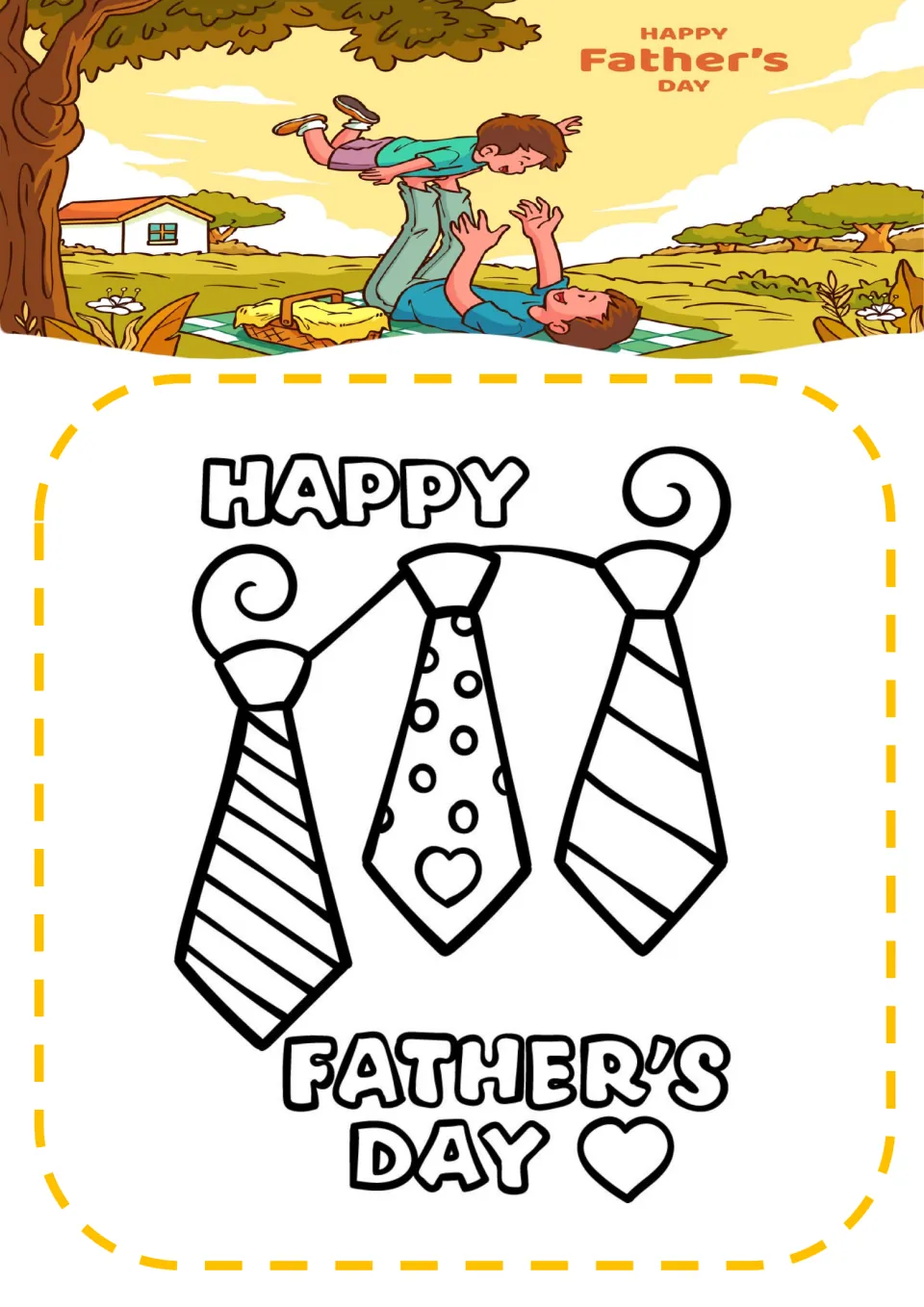 Father's Day coloring sheet 6: 'HAPPY FATHER’S DAY' with three neckties featuring stripes, dots, and a heart