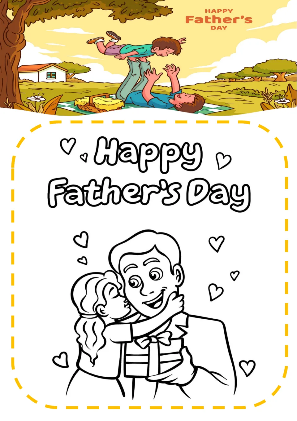 Father's Day coloring sheet 7: 'Happy Father’s Day' above a daughter kissing Dad as he holds a wrapped gift