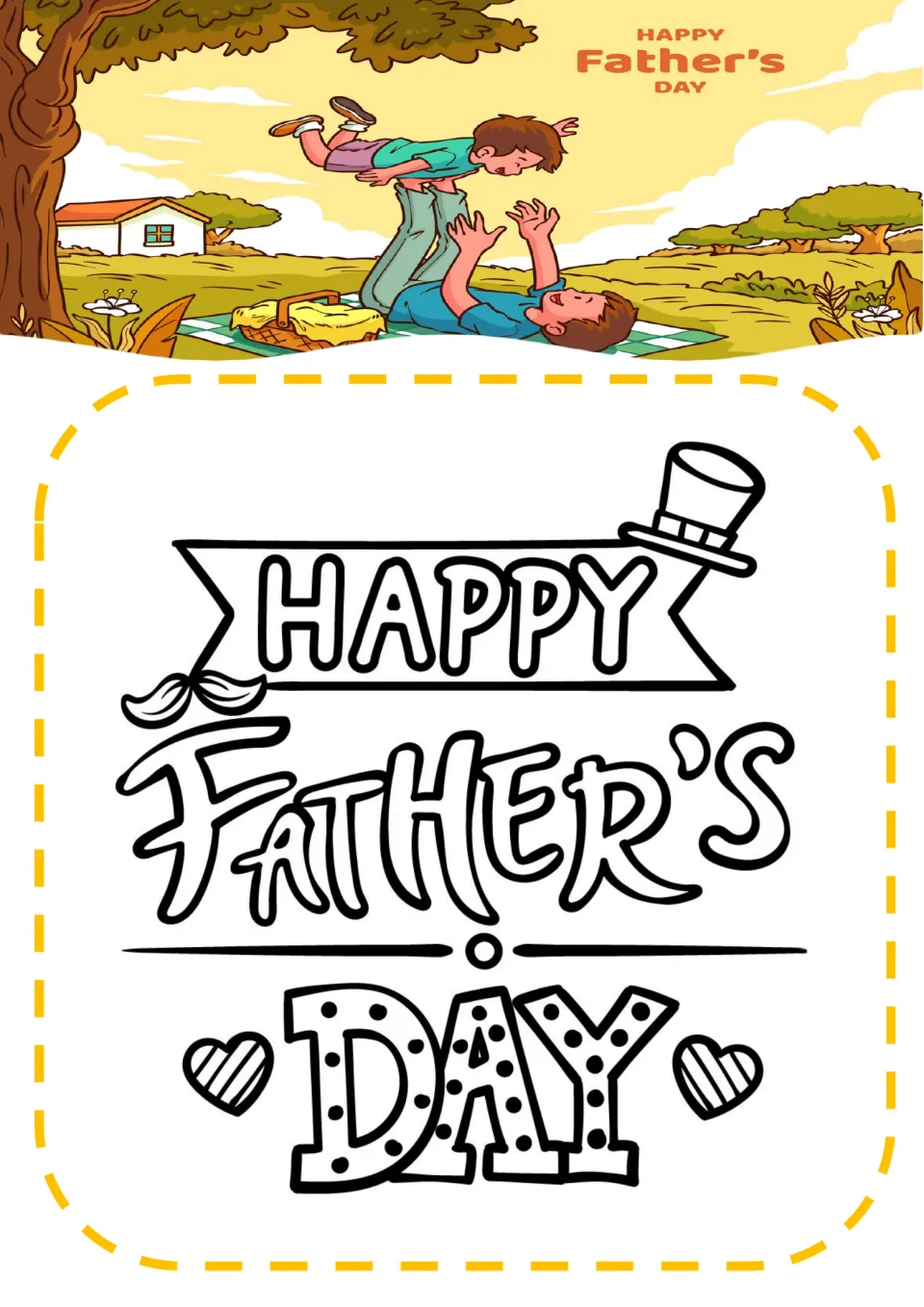 Father's Day coloring sheet 8: 'HAPPY FATHER’S DAY' in decorative lettering with a top hat and mustache