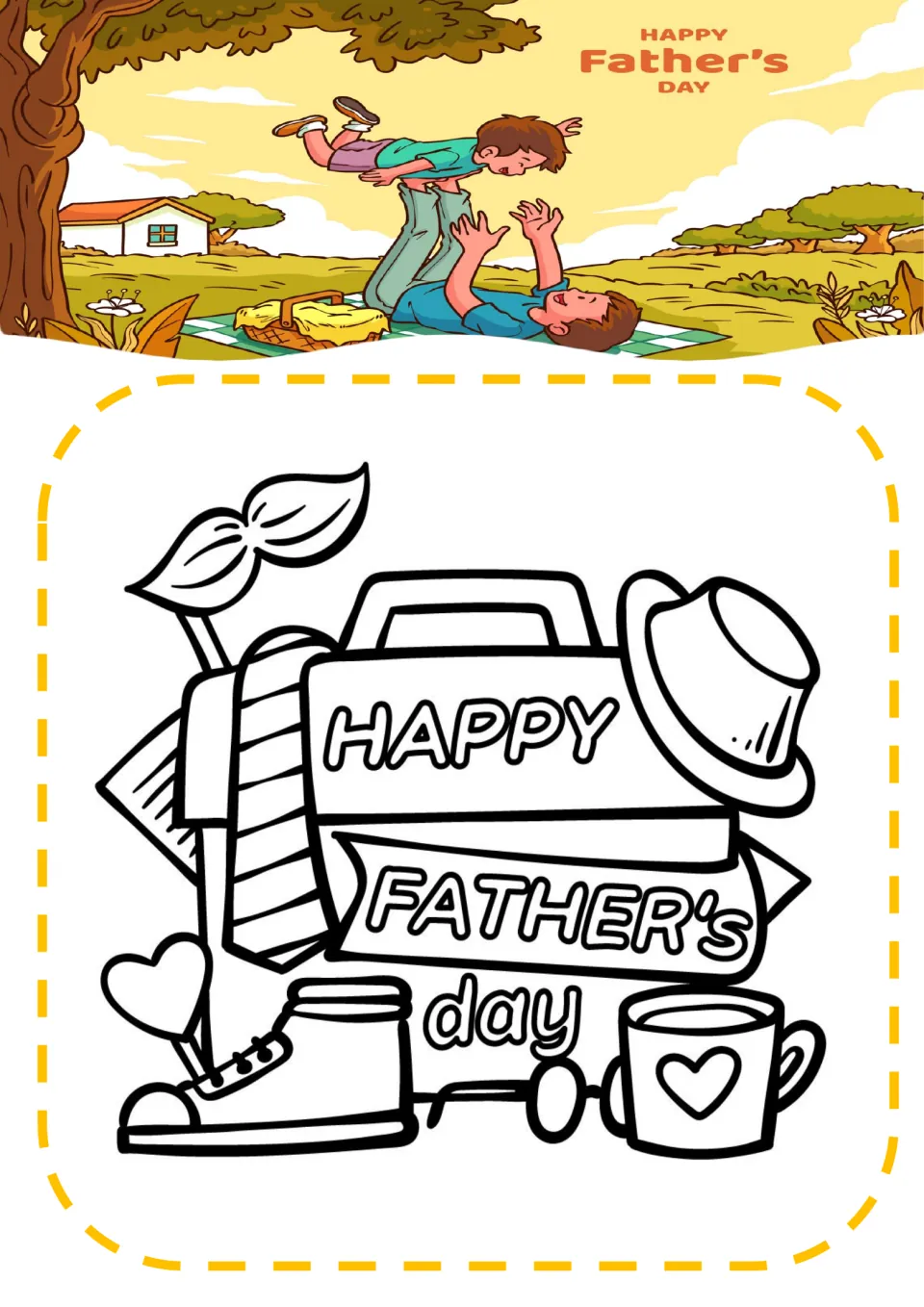 Father's Day coloring sheet 9: 'HAPPY FATHER’s day' surrounded by a tie, hat, shoe, glasses, and mug