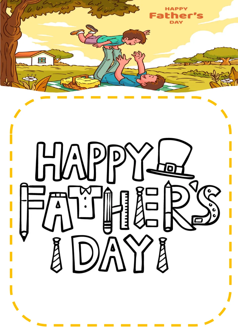 Father's Day coloring sheet 10: 'HAPPY FATHER’S DAY' with letters shaped from clothing and school supplies