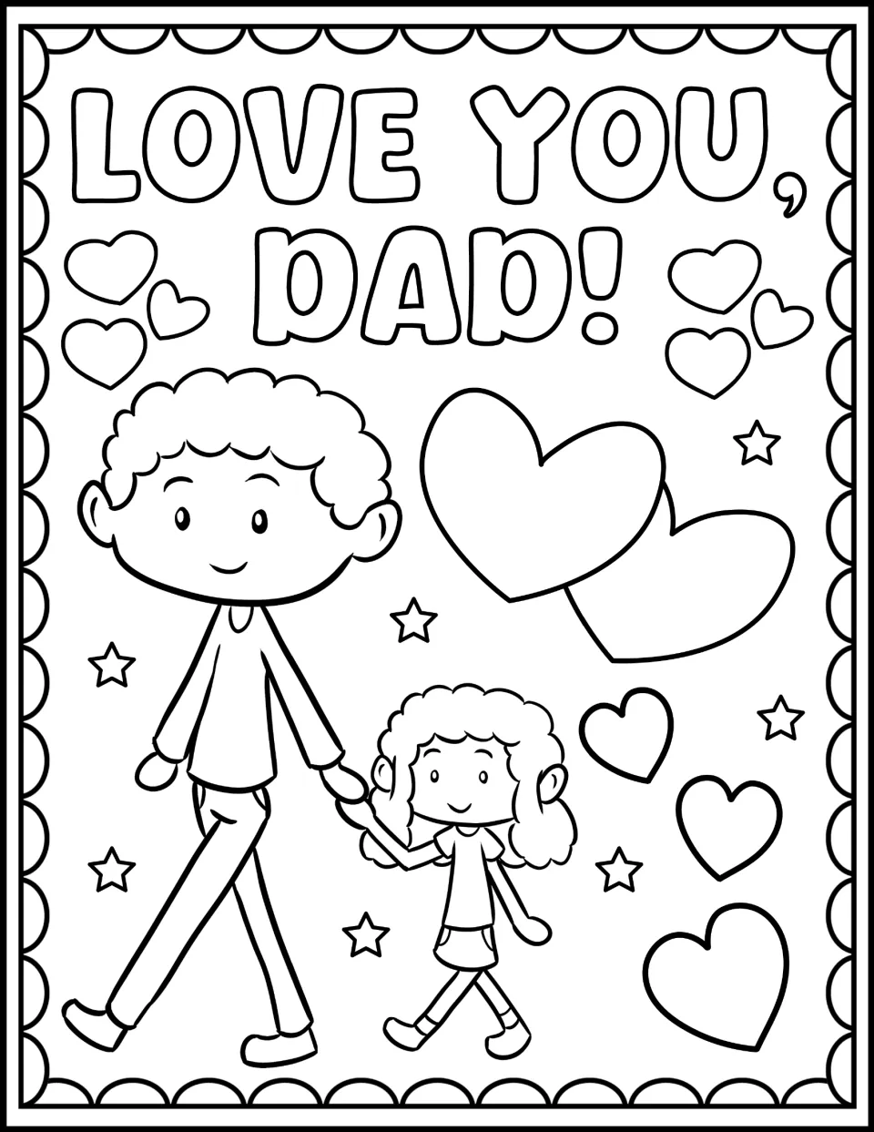 Father's Day coloring page reading "Love You, Dad!": students color a dad walking hand in hand with a girl among hearts