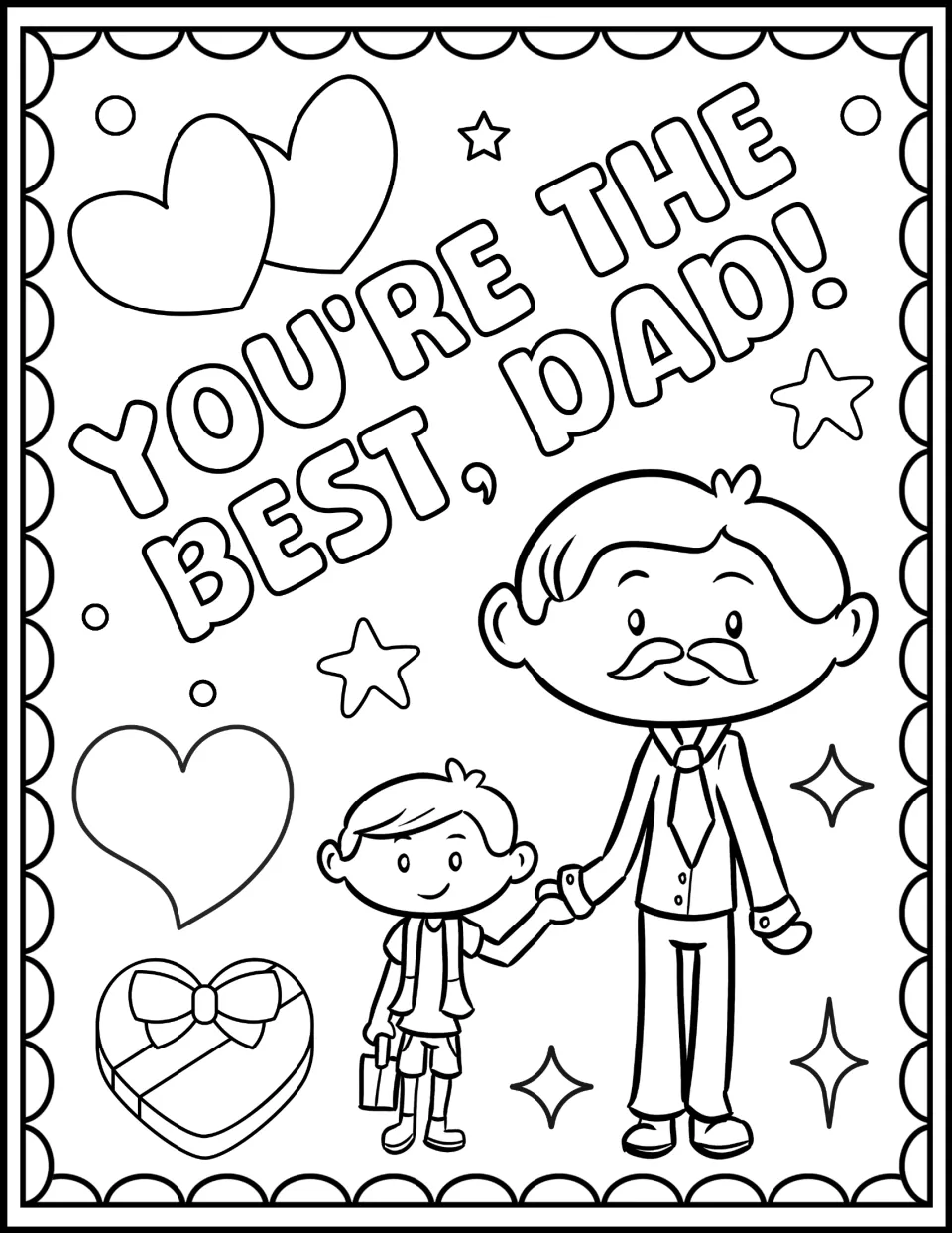 "You're the Best, Dad!" coloring page: a mustached dad in a tie holds a boy's hand, with hearts and a heart gift box