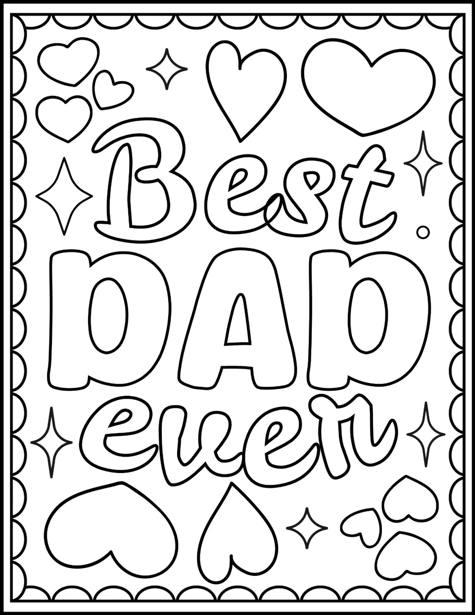 "Best Dad Ever" lettering to color, mixing script and bubble letters, surrounded by hearts and four-point sparkles