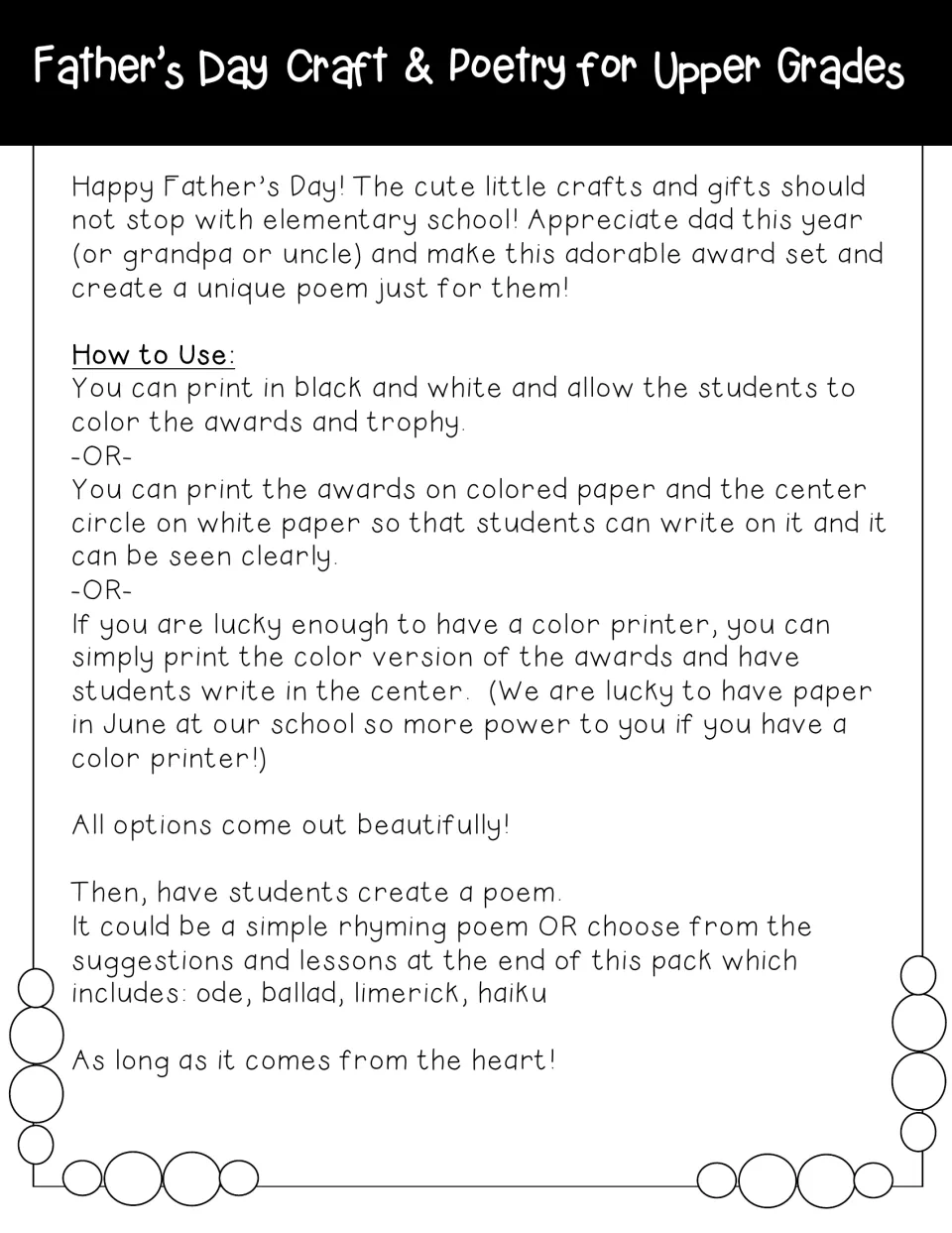 Father's Day how-to-use notes: three printing options for the award set and trophy, then a poem such as an ode or haiku