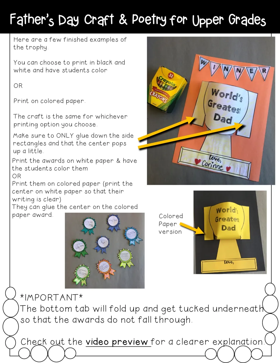 Finished trophy examples in photos: WINNER banner over a World's Greatest Dad cup, plus award ribbons and gluing tips