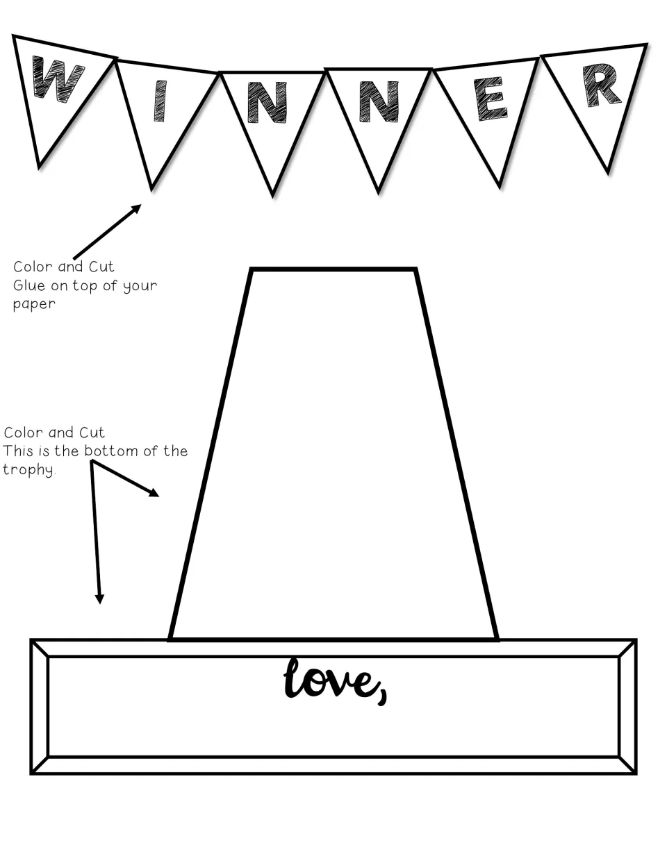 Paper-saving sheet with the WINNER banner and trophy base together; students color and cut both, gluing the banner on top