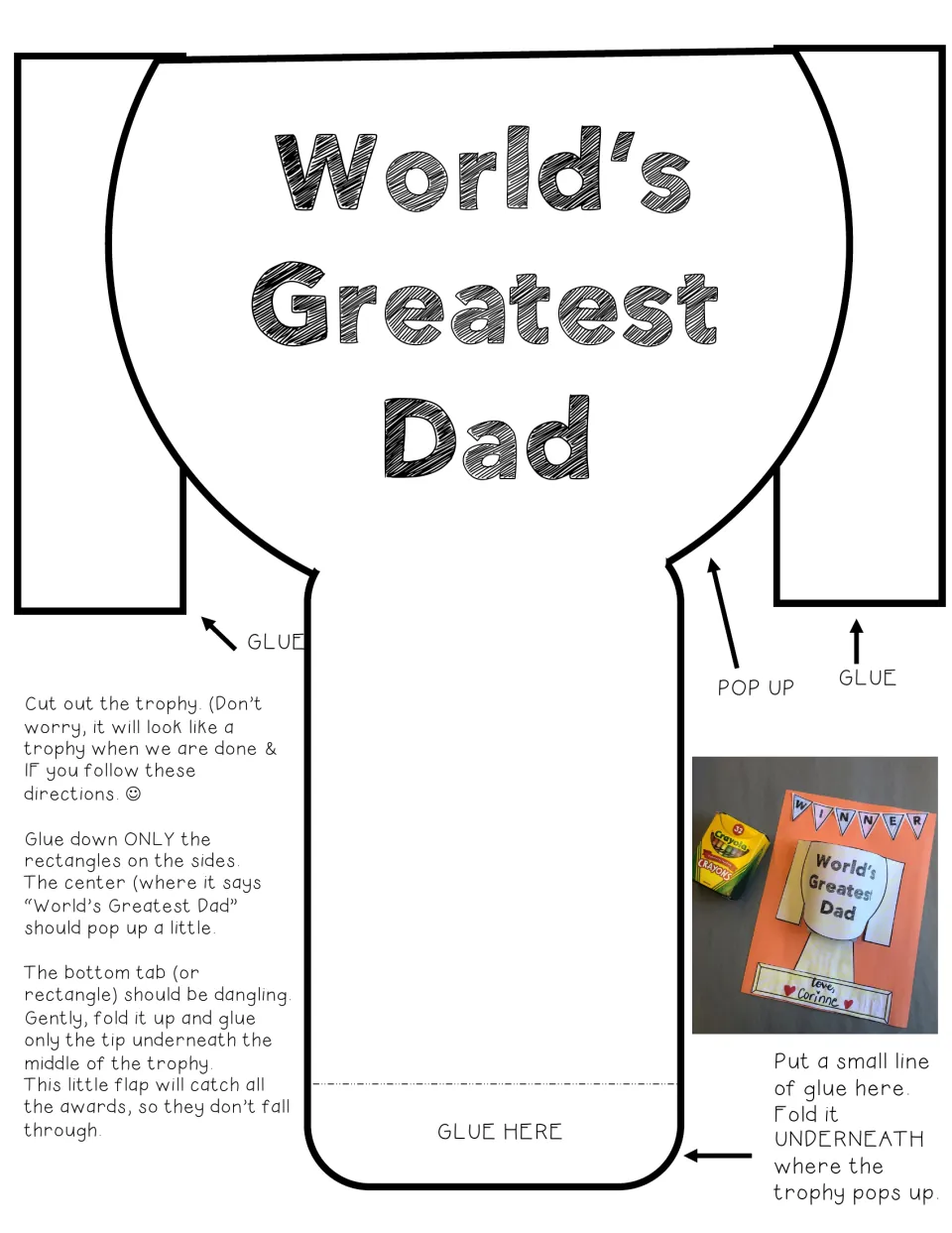 World's Greatest Dad trophy cup cut-out with steps: glue only the side flaps so the center pops up, fold the tab under